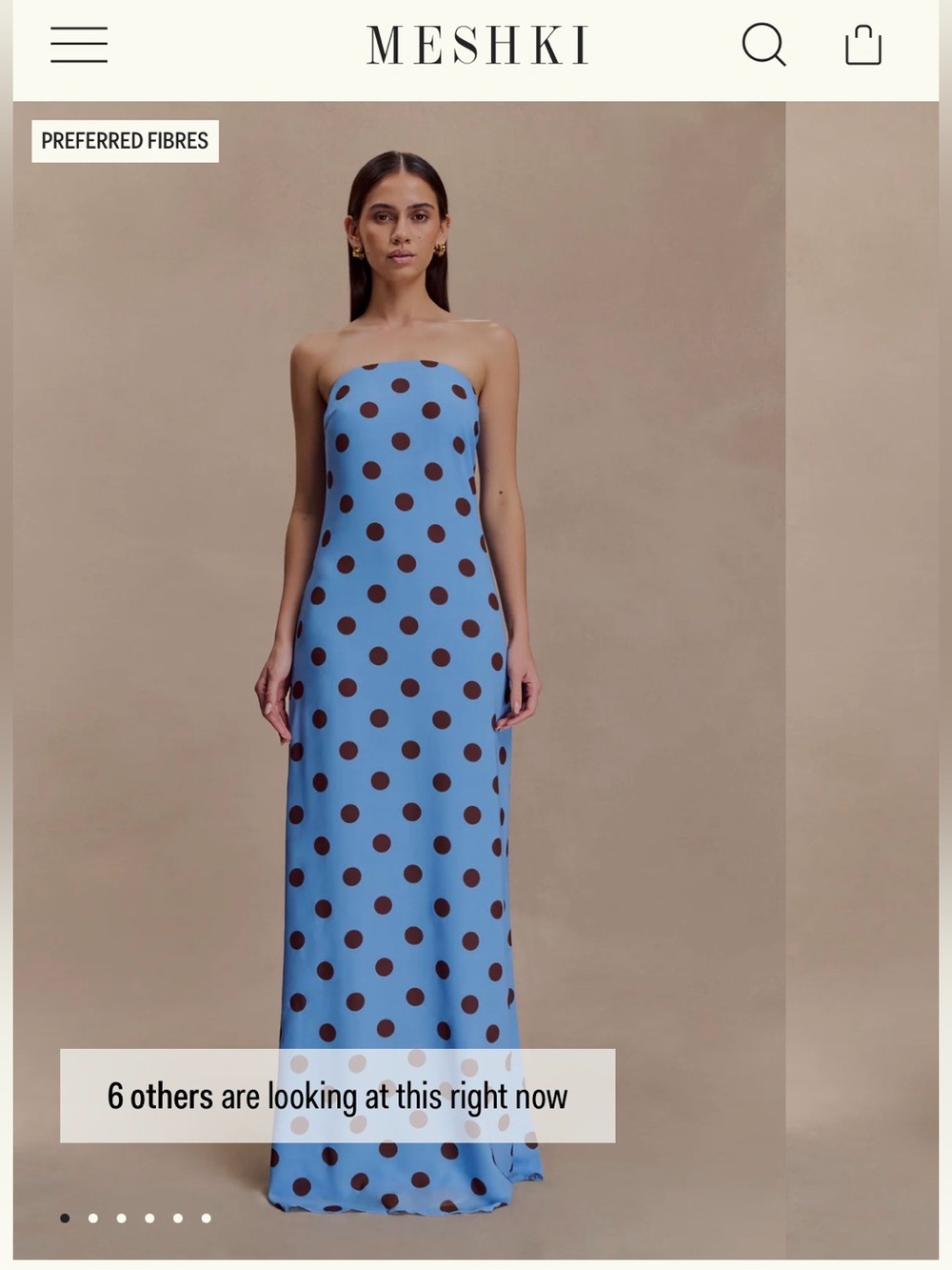 Meshki Strapless Blue Maxi Dress with Brown Polka Dots